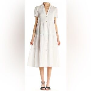 ZARA White Tiered Cotton Linen Short Sleeve Midi Dress in Size XS